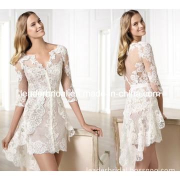 3/4 Sleeves Sheer V-Neckline Lace Hi-Low Sexy Beach Wedding Gown H14723